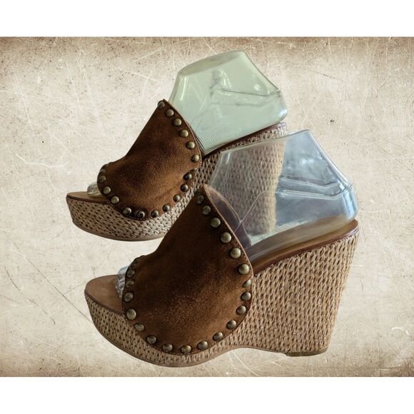 ASH Suede Studded Platform Straw Wicker Wedge Heels Sandal  Sz 38 - Picture 6 of 10